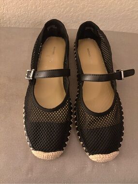 Michael Kors Black Mesh Mary Jane Espadrille Flats with Jute Trim